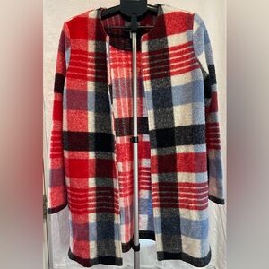 Cynthia Rowley Red Multicolor Crew Neck Plaid Wool Tweed Jacket Large Pre-Owned